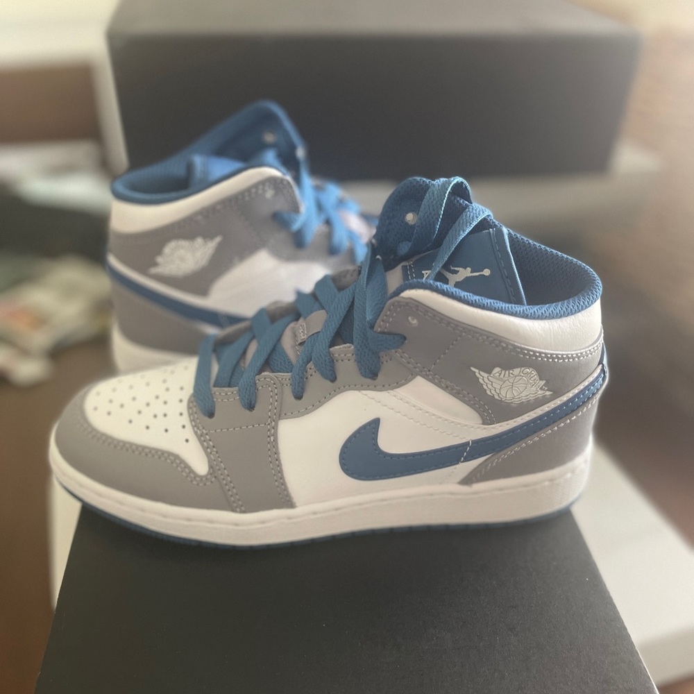 Air Jordan 1 Mid, cement grey/true blue, size 3.5. New in box, never worn!